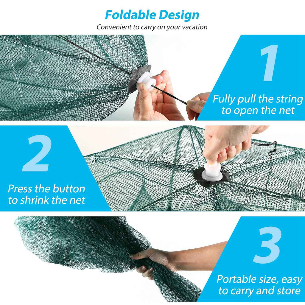 Portable Foldable Fishing Bait Trap Net – 6-Side 6-Hole Automatic Shrimp, Minnow & Crab Trap - Glowify