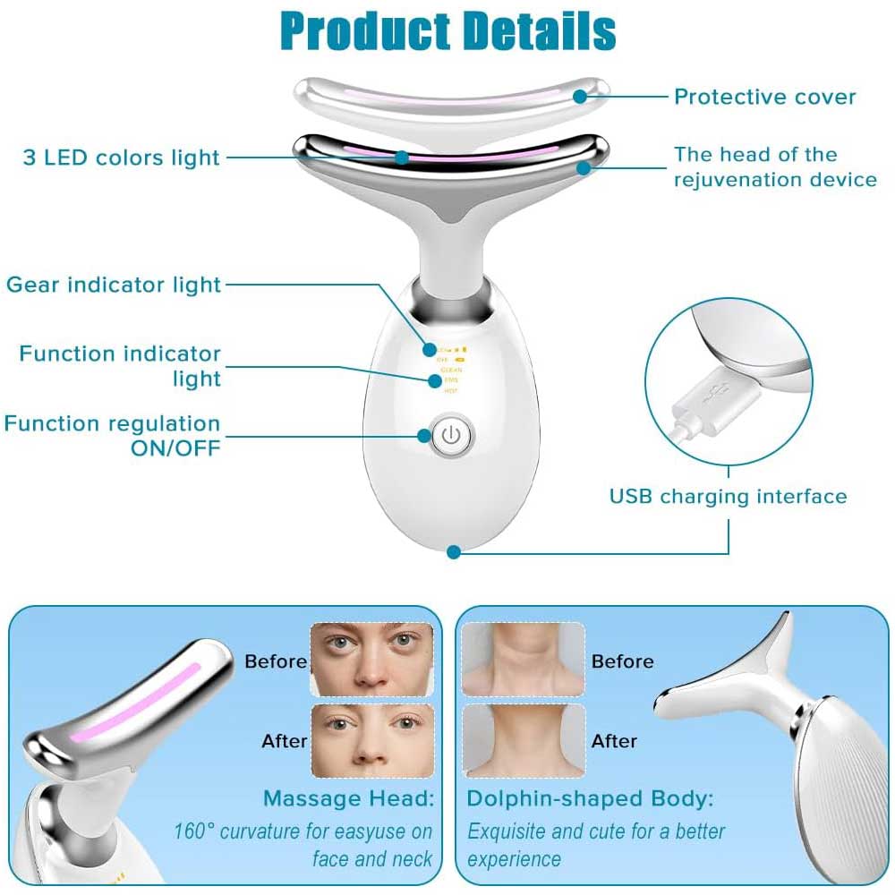 LED Face & Neck Massager - Vibrating Facial Sculpting Tool with 3 Light Therapy Modes | Jawline Contouring