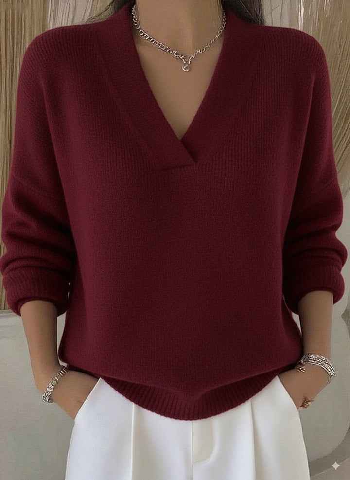 Women’s Soft V-Neck Loose Knit Sweater – Casual Autumn & Winter Pullover in burgundy color.