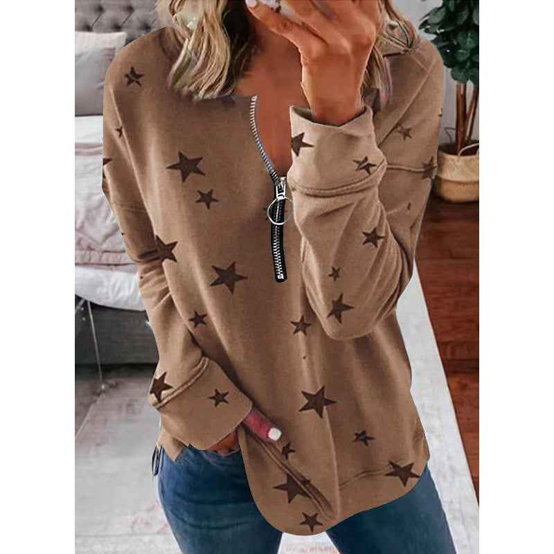 Women’s Star Print Loose Pullover Sweatshirt – Long Sleeve Urban Casual Top - Glowify