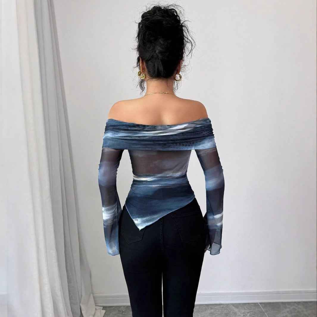Knitted Mesh Off-Shoulder Long Sleeve Fitted T-Shirt – Geometric Print - Glowify