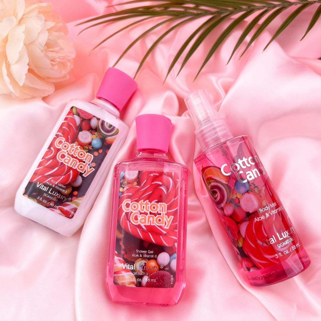 Cotton Candy 3-Piece Bath & Body Travel Spa Gift Set – Shower Gel, Body Lotion & Fragrance Mist - Glowify