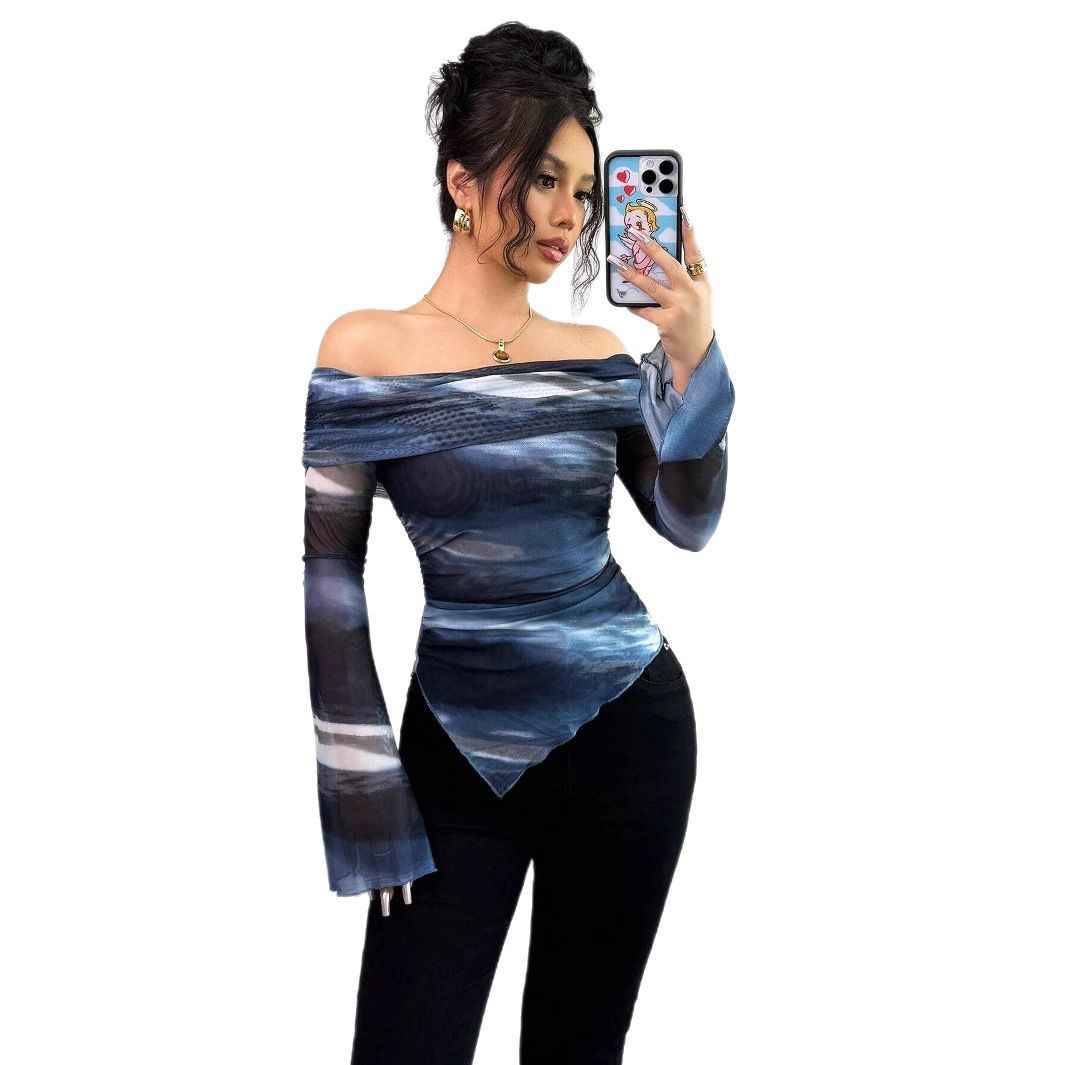 Knitted Mesh Off-Shoulder Long Sleeve Fitted T-Shirt – Geometric Print - Glowify
