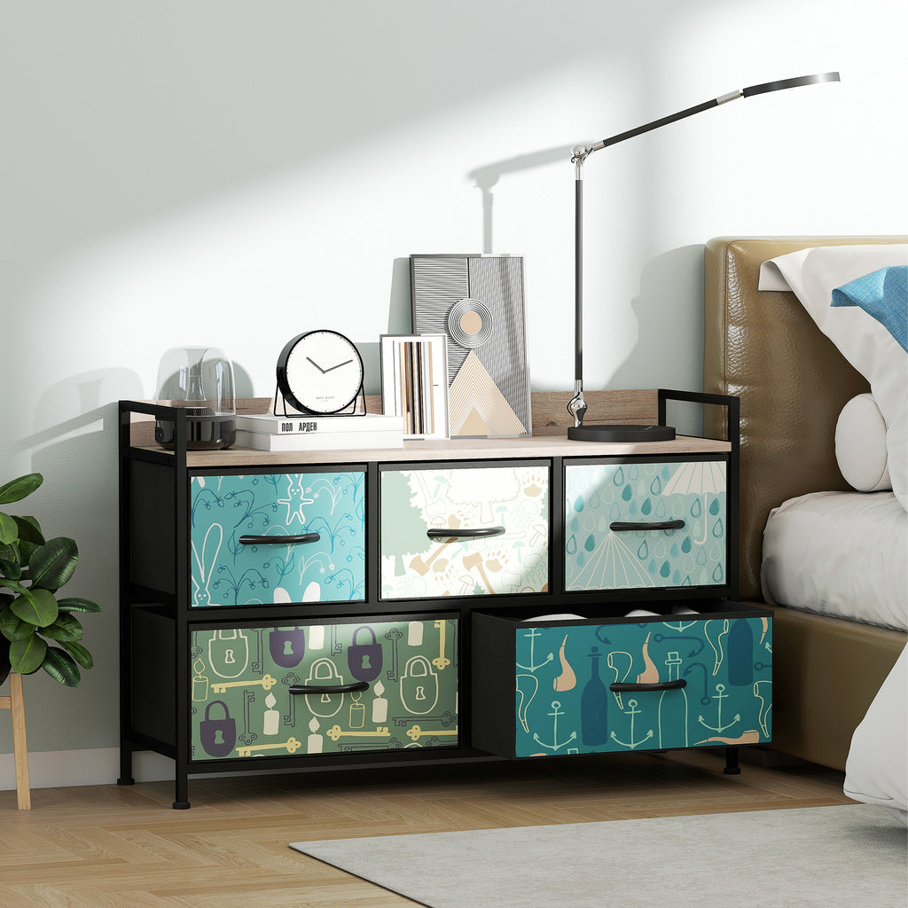 5-Drawer Chest of Drawers – Blue Fabric Storage Unit with Wood-Effect Top - Glowify