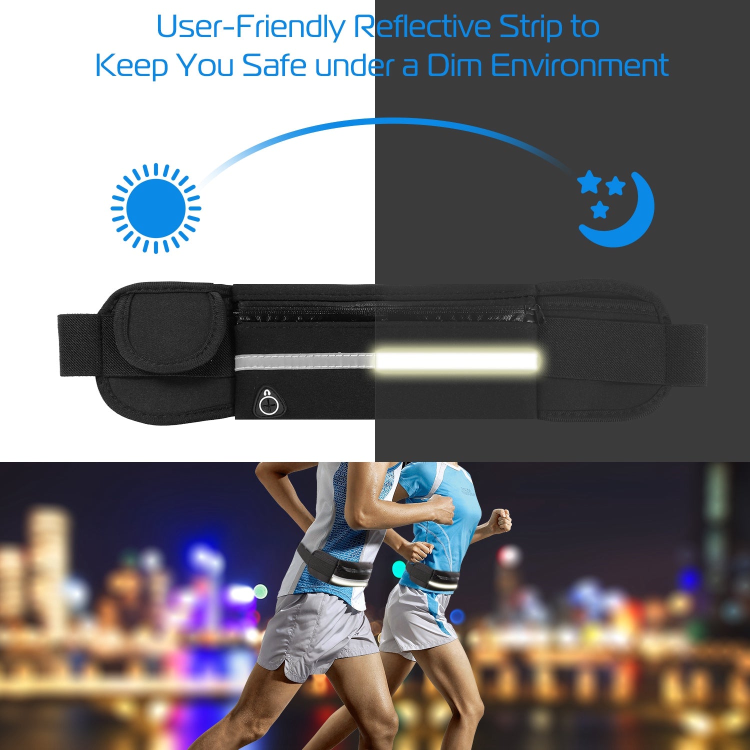 Waterproof Running Belt Waist Bag – Lightweight Adjustable Sports Waist Pouch with Reflective Strip (Phone ≤6.0”)