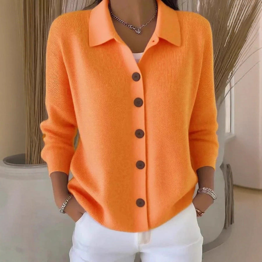 Stylish women wearing cozy knit cardigan sweater
