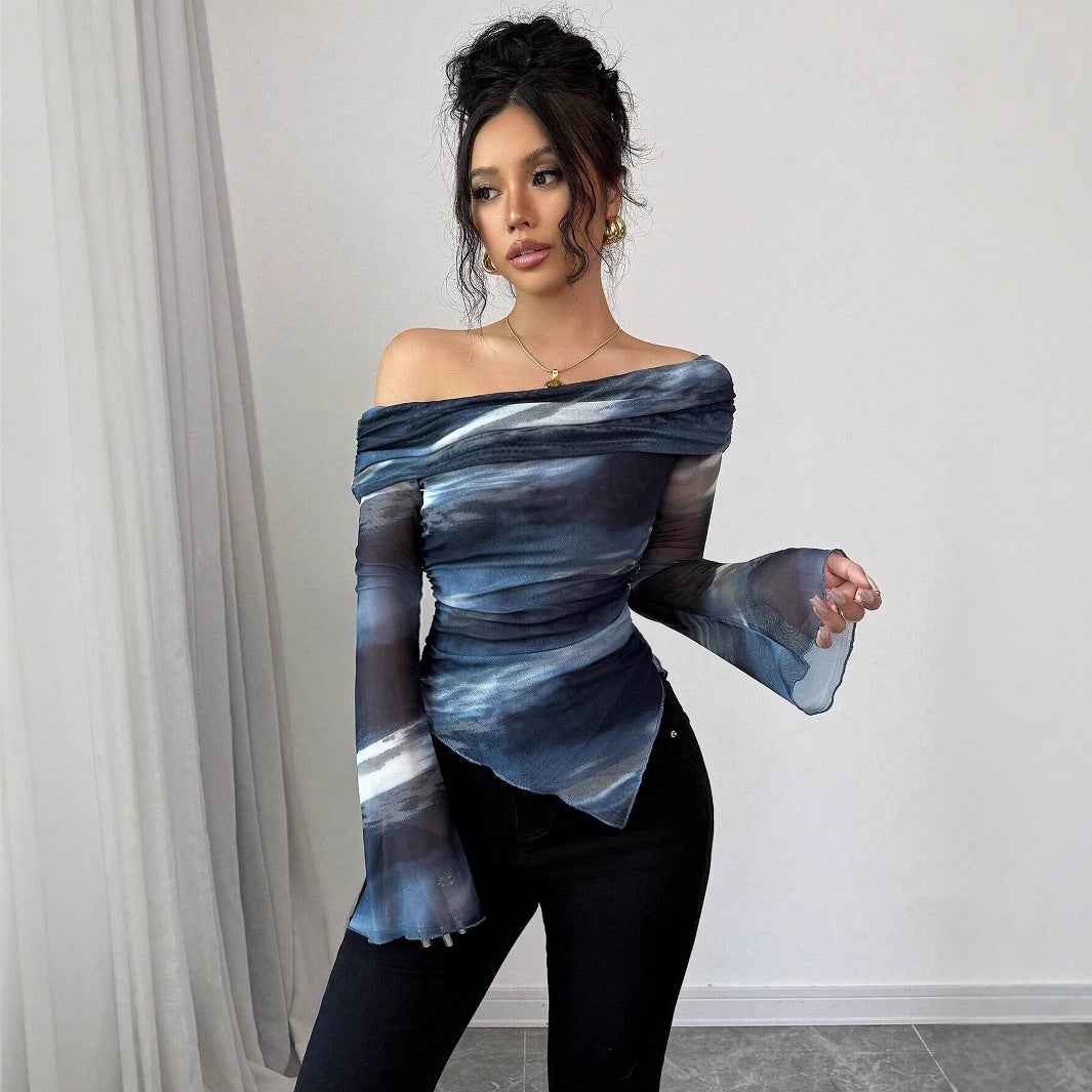 Knitted Mesh Off-Shoulder Long Sleeve Fitted T-Shirt – Geometric Print - Glowify