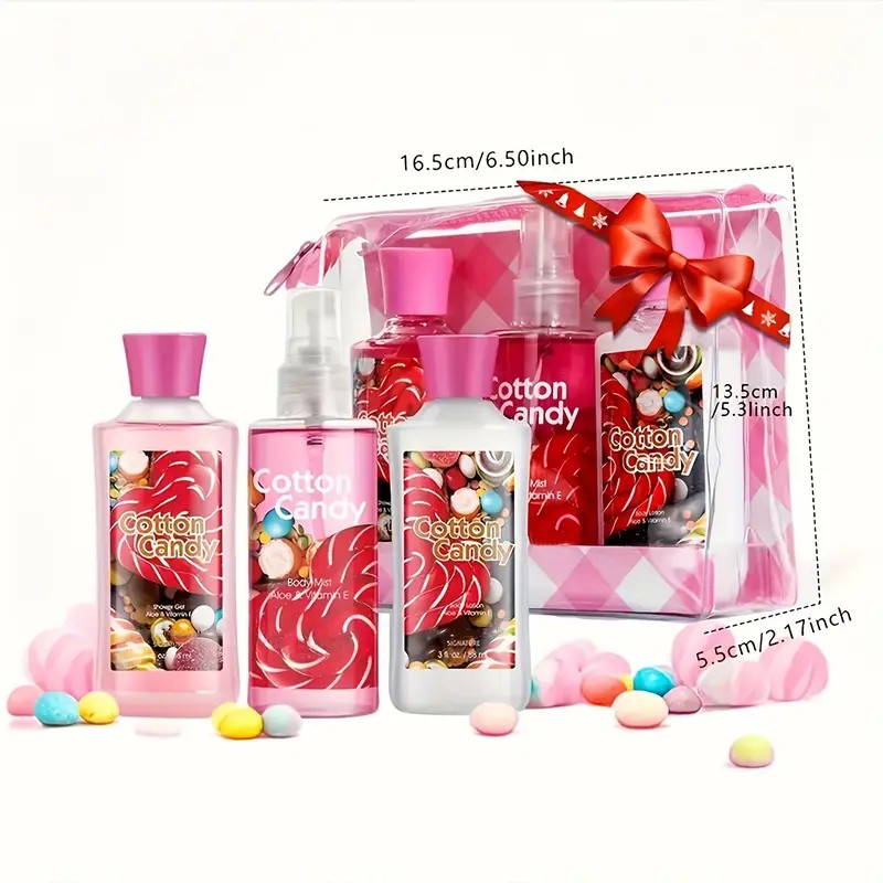 Cotton Candy 3-Piece Bath & Body Travel Spa Gift Set – Shower Gel, Body Lotion & Fragrance Mist - Glowify