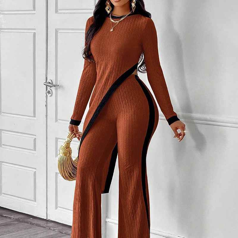 Women’s Sexy 2-Piece Outfit – Asymmetrical Long Sleeve Top & Wide Leg Pants Set - Glowify