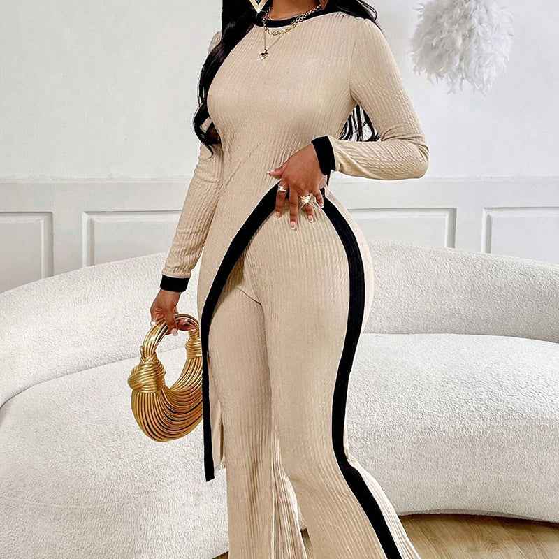 Women’s Sexy 2-Piece Outfit – Asymmetrical Long Sleeve Top & Wide Leg Pants Set - Glowify