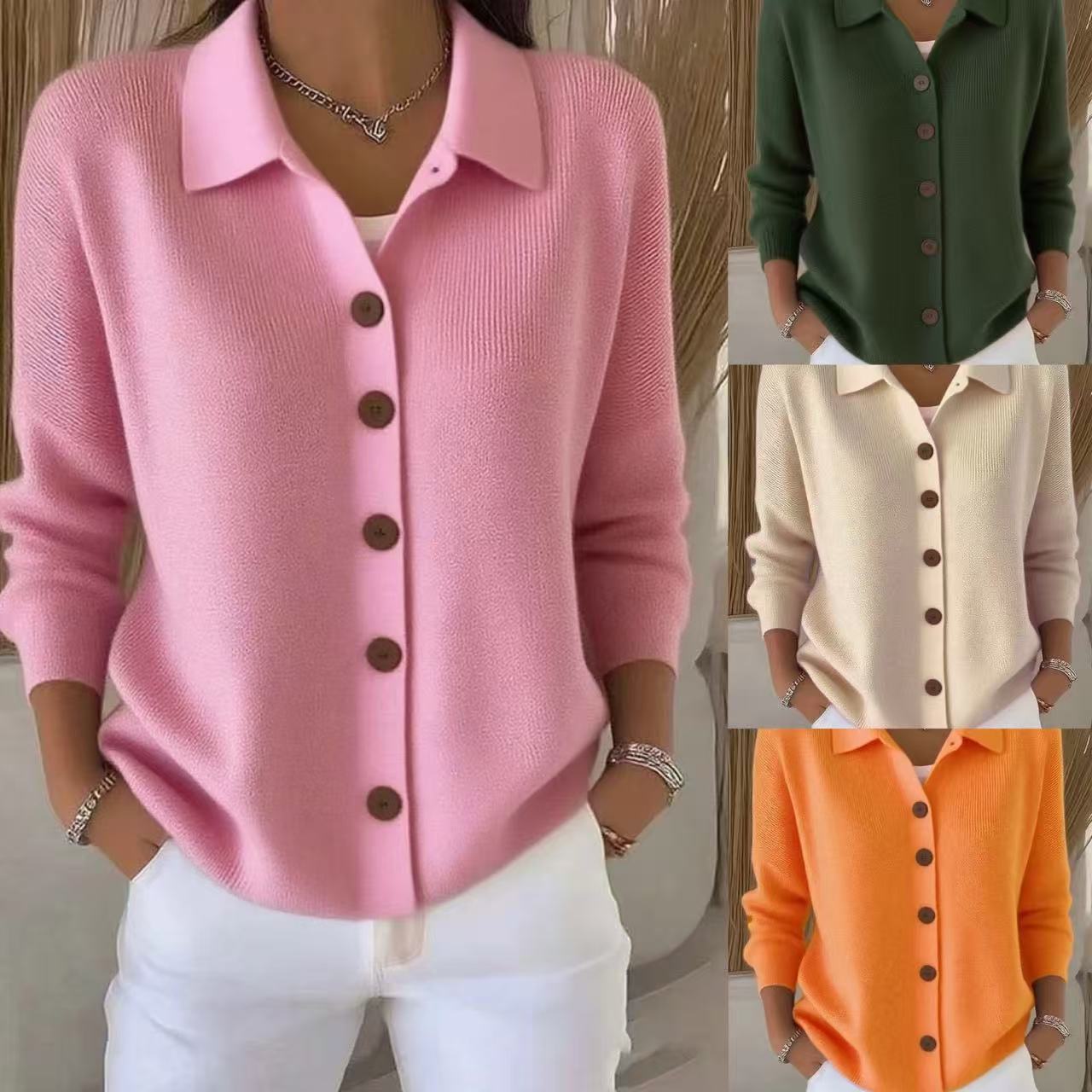 Women's button knit cardigan sweater in apricot color
