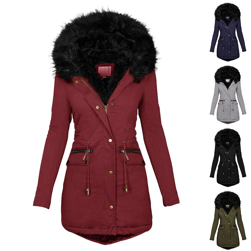 Women’s Plush Hooded Winter Parka – Warm Thick Zip-Up Mid-Length Jacket with Pockets - Glowify