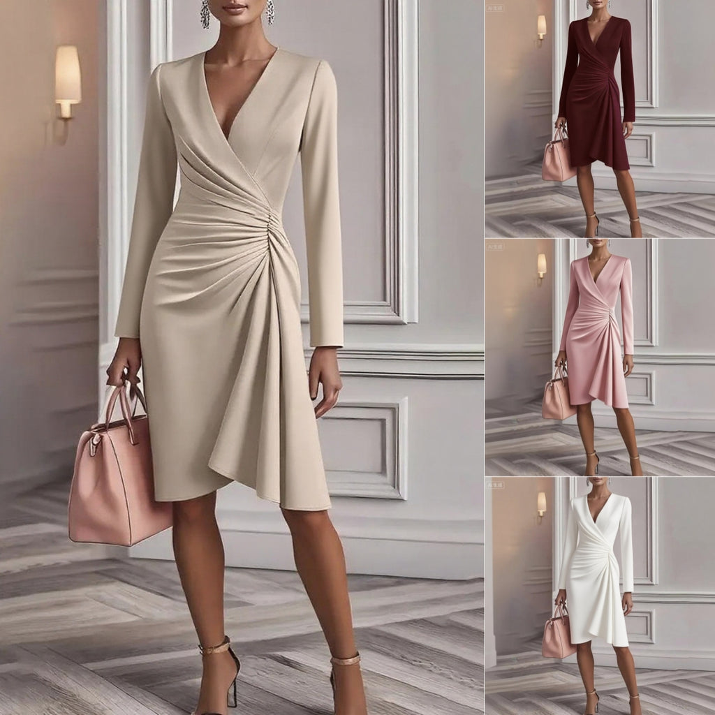 Women’s V-Neck Pleated Midi Dress – Slim-Fit Long Sleeve A-Line Office & Party Dress - Glowify