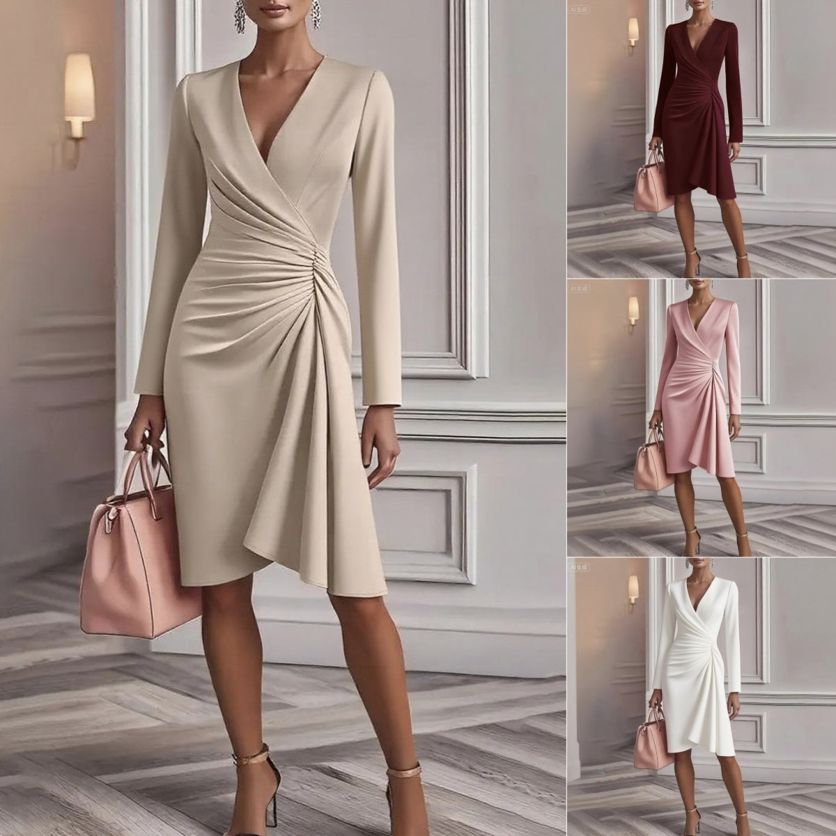 Women’s V-Neck Pleated Midi Dress – Slim-Fit Long Sleeve A-Line Office & Party Dress - Glowify