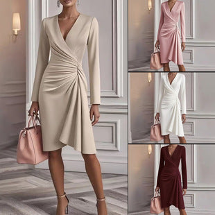 Women’s V-Neck Pleated Midi Dress – Slim-Fit Long Sleeve A-Line Office & Party Dress - Glowify