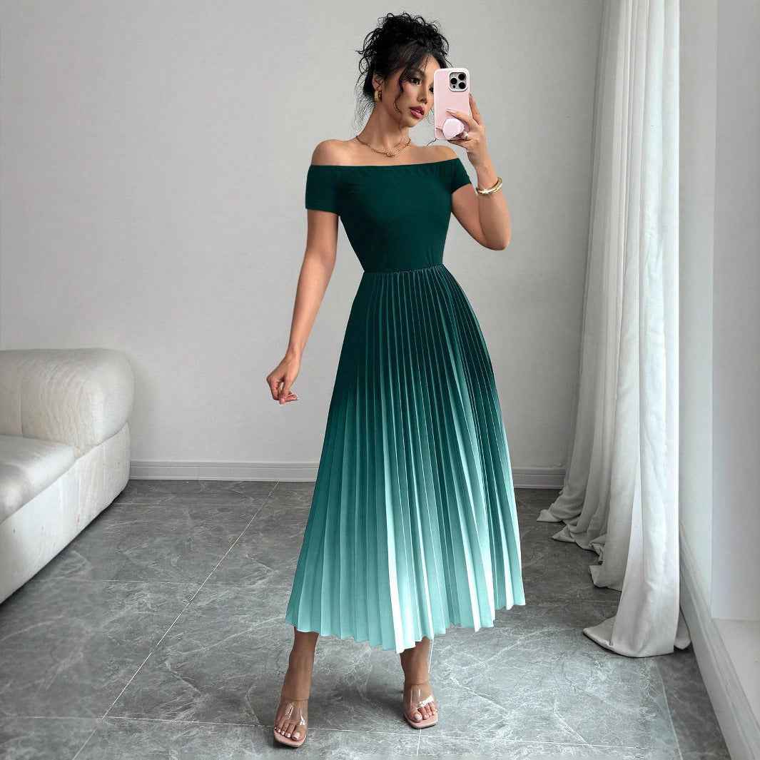Elegant Off-Shoulder Pleated Gradient Bodycon Dress – Floor-Length Wrap-Style Maxi Dress for Women - Glowify