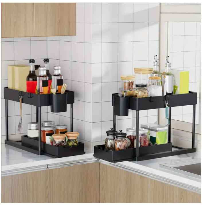 Double-Tier Sink Shelf Organizer – Pull-Out Under-Sink Storage Rack for Kitchen & Bathroom (1 Pack)