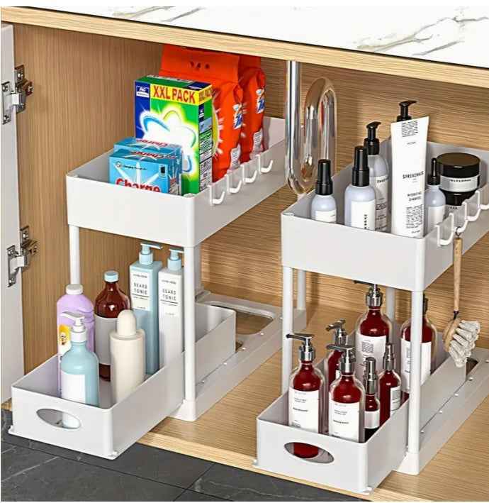 Double-Tier Sink Shelf Organizer – Pull-Out Under-Sink Storage Rack for Kitchen & Bathroom (1 Pack)
