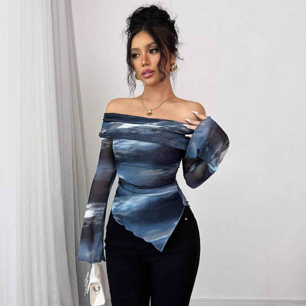 Knitted Mesh Off-Shoulder Long Sleeve Fitted T-Shirt – Geometric Print - Glowify