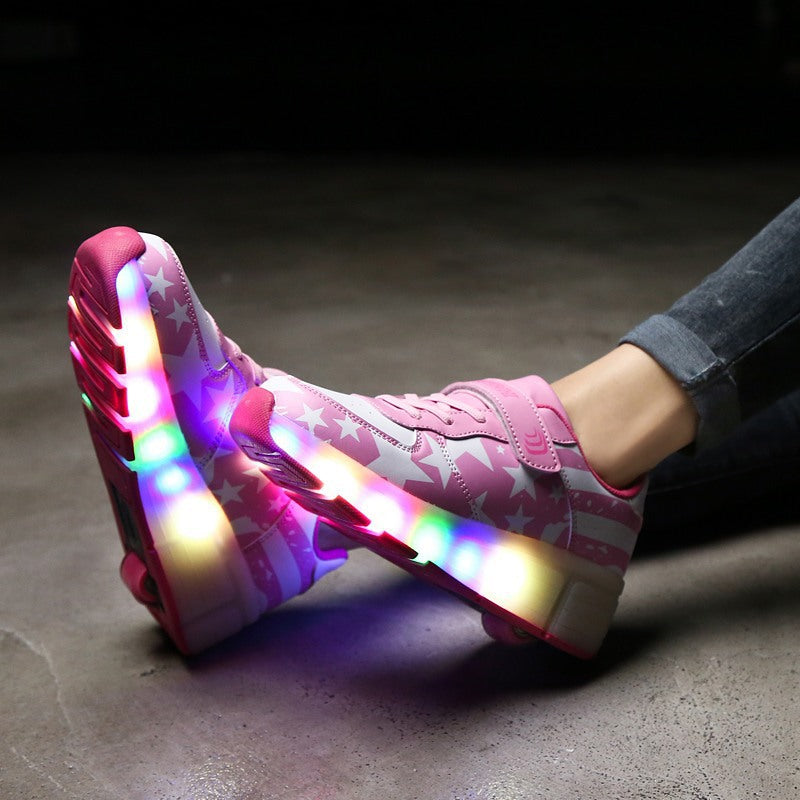 Twin Wheel Flashing Roller Skates – Two-Wheel Heelys Style Shoes (Unisex) - Glowify