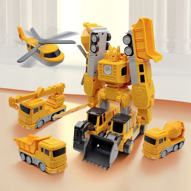 Magnetic Transforming Engineering Car Building Blocks Toy – STEM Construction Set with yellow toy vehicles and helicopter.