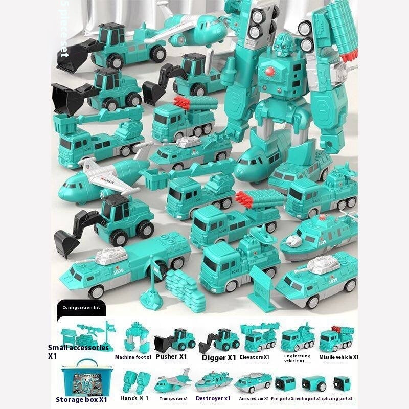 Magnetic Transforming Engineering Car Building Blocks Toy – STEM Construction Set with various assembled vehicles and accessories.