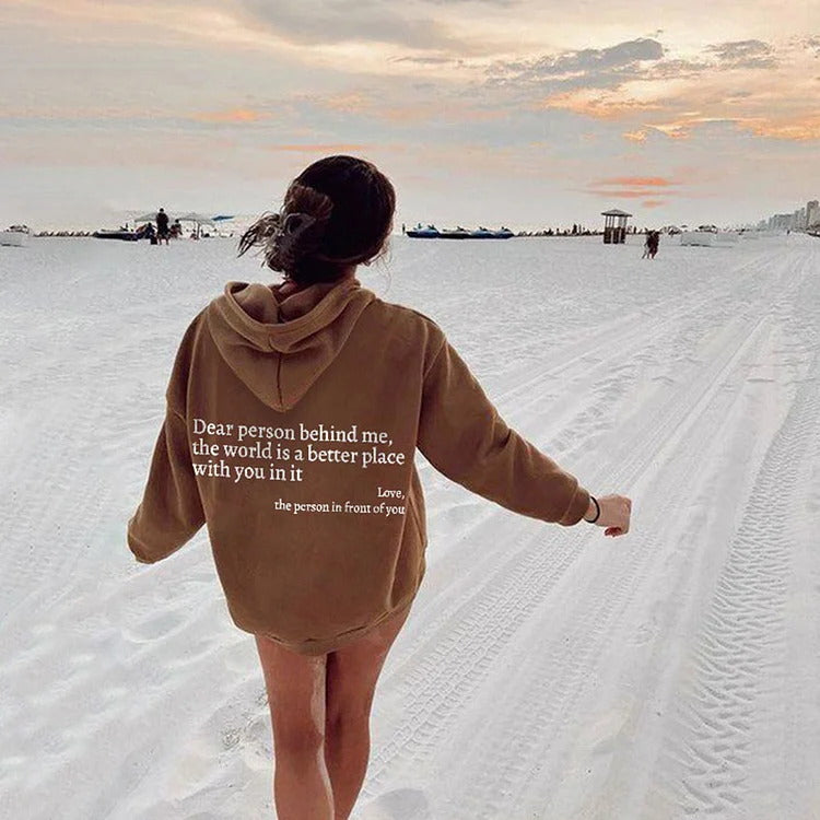 “Dear Person Behind Me” Inspirational Hoodie – Plush Letter Print Kangaroo Pocket Pullover (Unisex, S–5XL) - Glowify