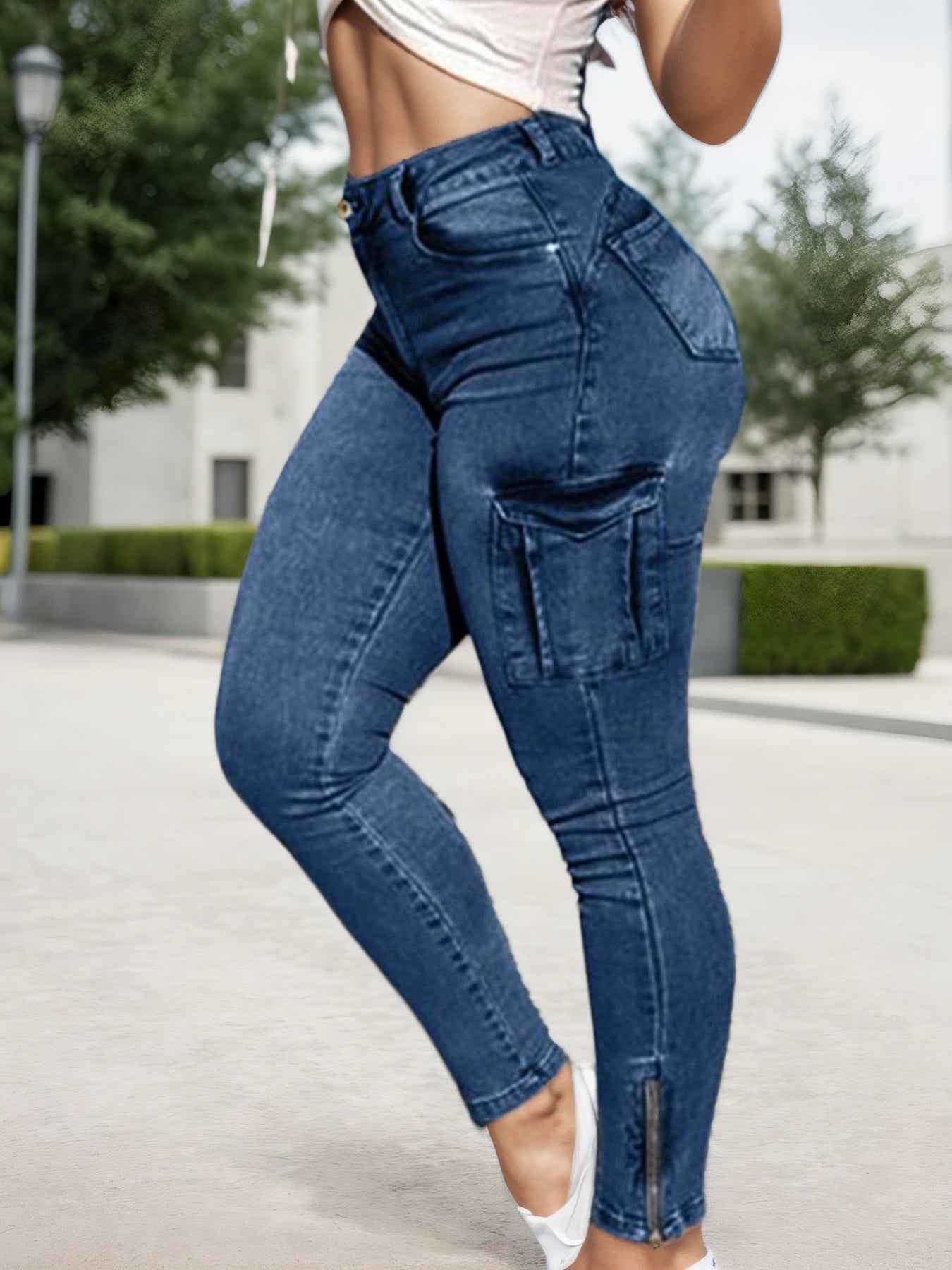 Women’s Multi-Pocket High-Stretch Cargo Skinny Pants – Mid-Rise Pencil Jeans with Zipper Hem (Urban Style) - Glowify