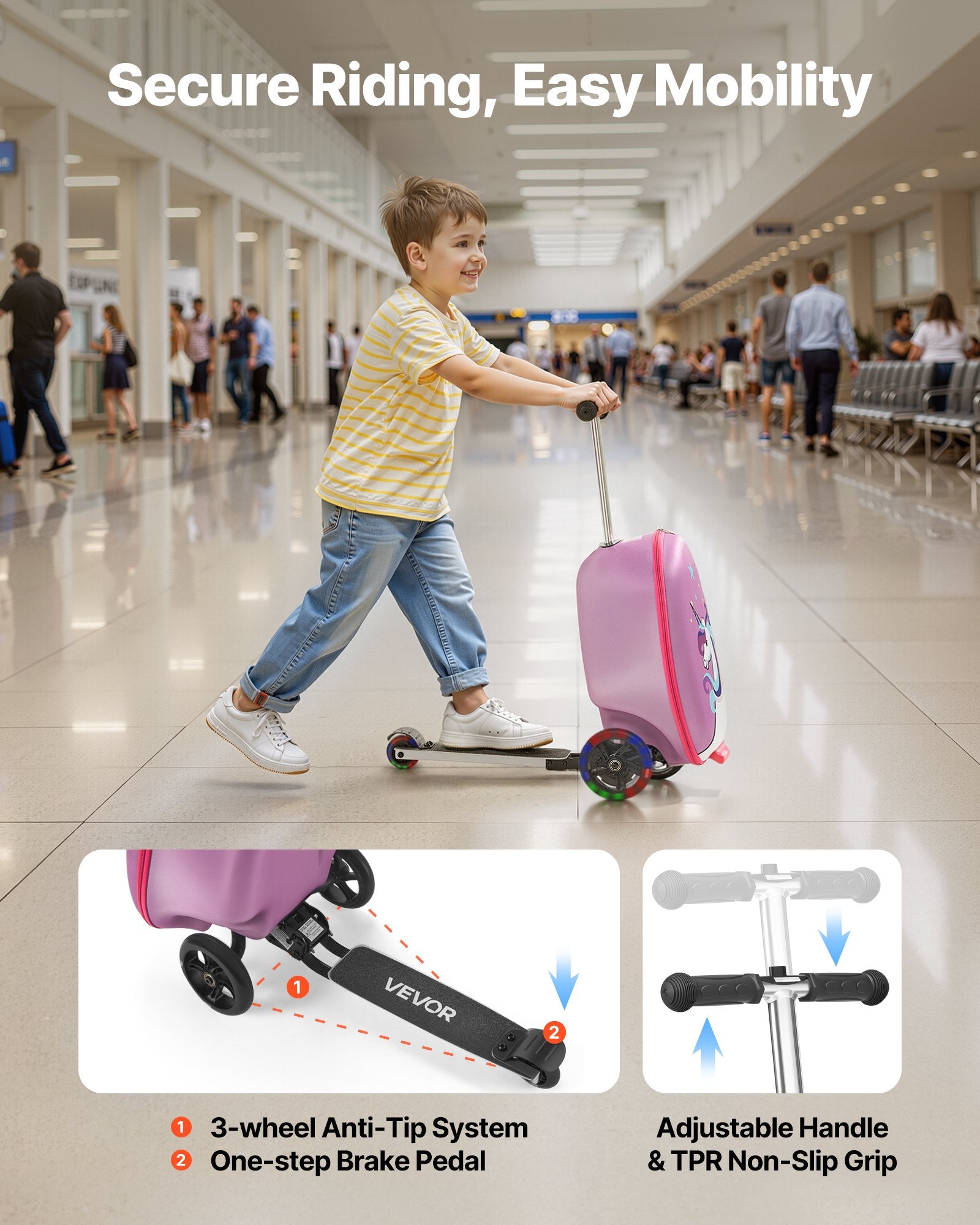 20-Inch Kids Ride-On Scooter Suitcase with LED Flash Wheels – Purple Travel Luggage for Children