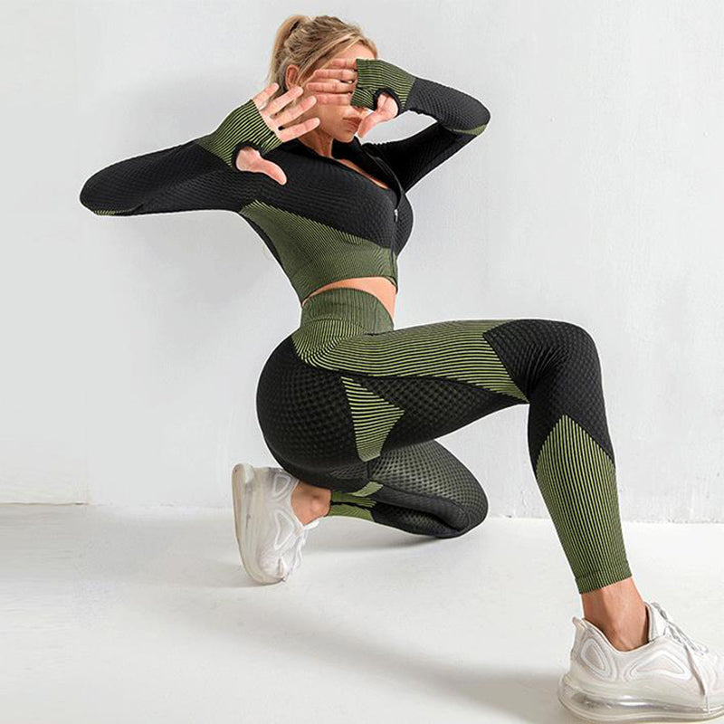 3-Piece Seamless Anti-Cameltoe Gym Set for Women – Full-Coverage Leggings, Sports Bra & Crop Top - Glowify