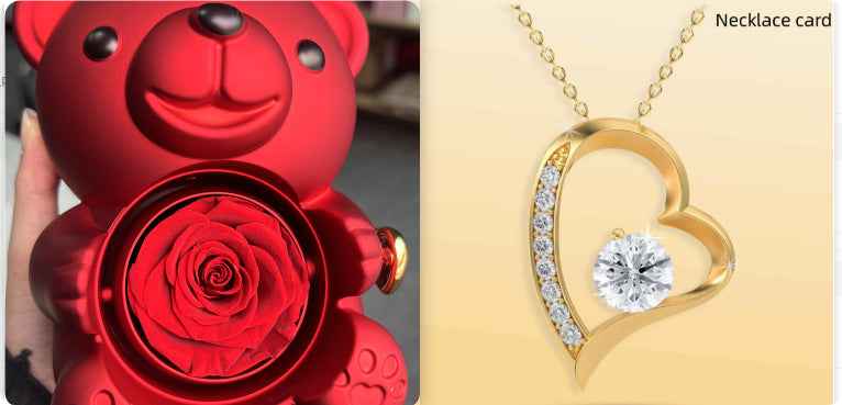 Rotating Bear Rose Jewelry Box – Flower Ring & Necklace Storage for Romantic Gifts - Glowify