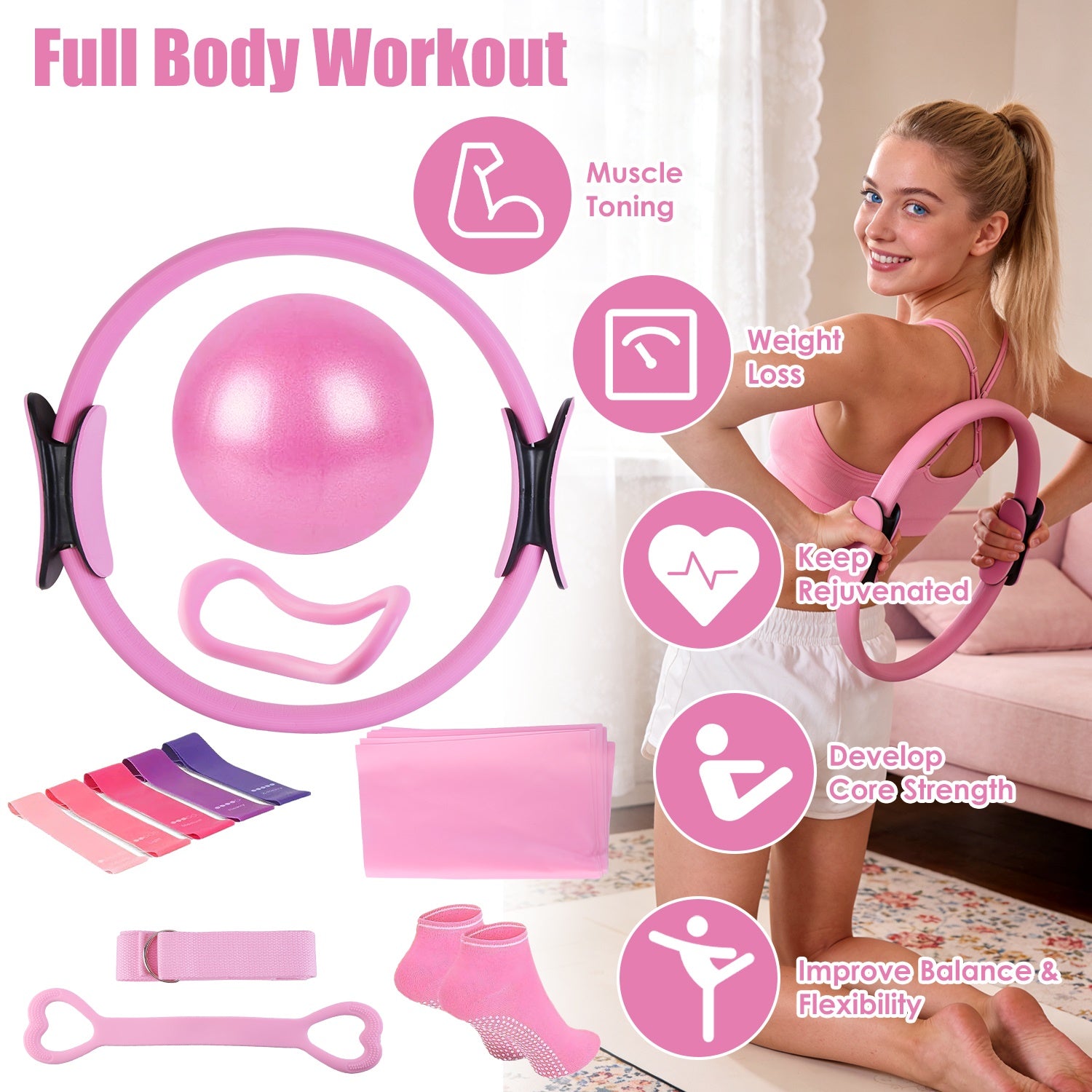 14-Piece Pilates Ring Kit for Women – All-in-One Home Workout Set with Yoga Ball, Resistance Bands & Accessories