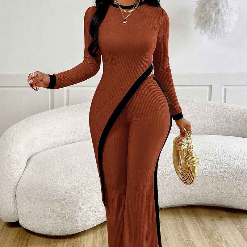 Women’s Sexy 2-Piece Outfit – Asymmetrical Long Sleeve Top & Wide Leg Pants Set - Glowify