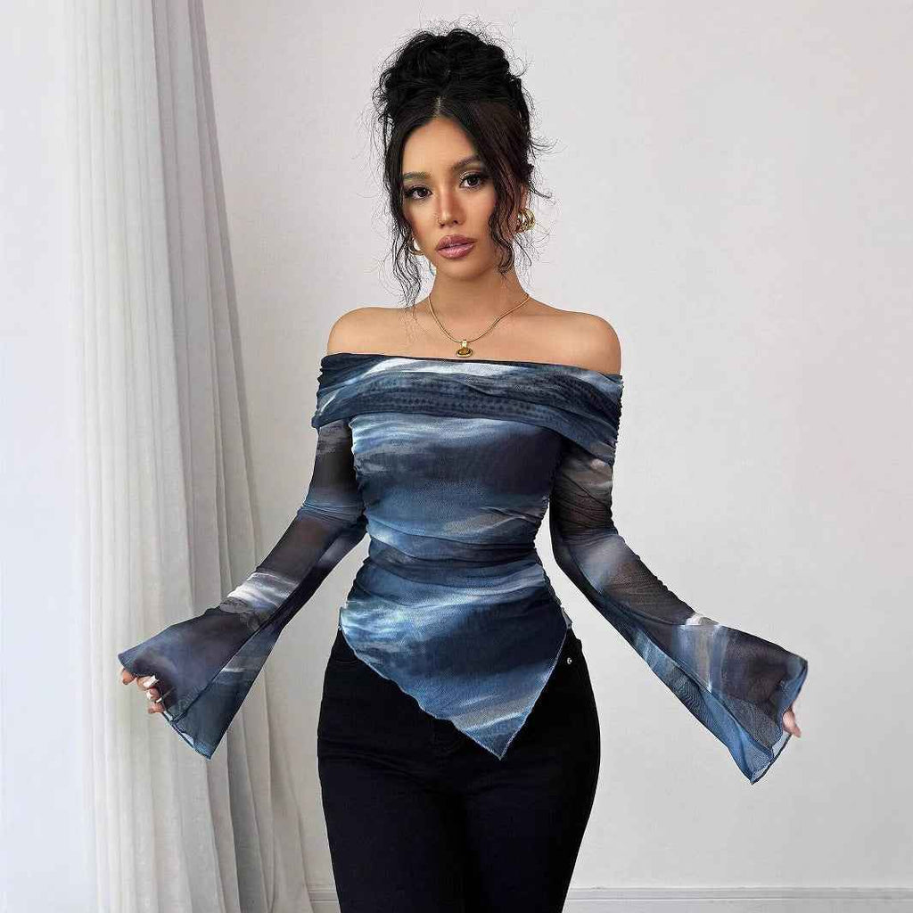 Knitted Mesh Off-Shoulder Long Sleeve Fitted T-Shirt – Geometric Print - Glowify