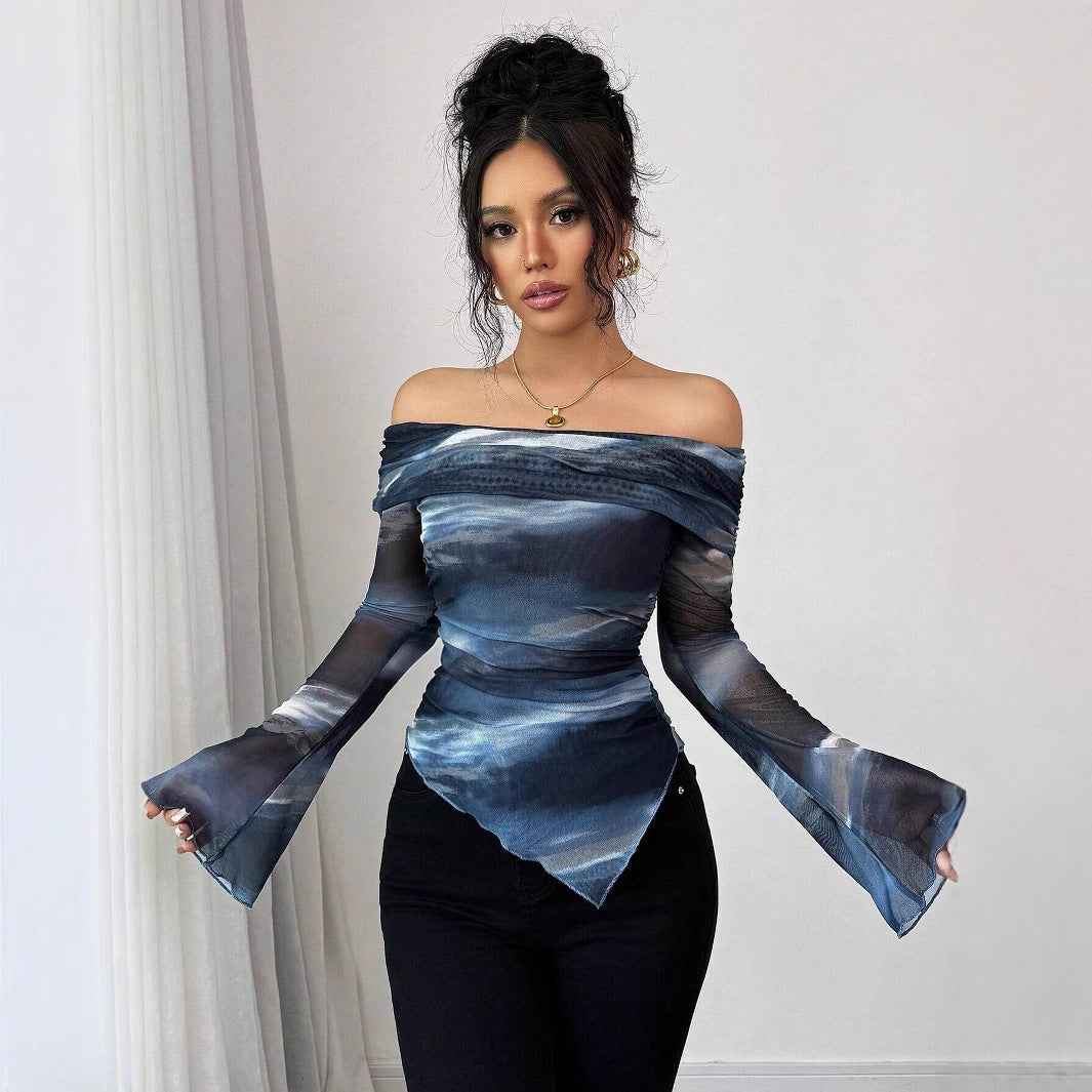 Knitted Mesh Off-Shoulder Long Sleeve Fitted T-Shirt – Geometric Print - Glowify