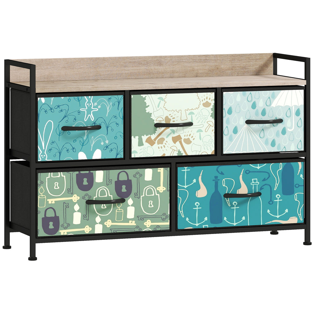 5-Drawer Chest of Drawers – Blue Fabric Storage Unit with Wood-Effect Top - Glowify