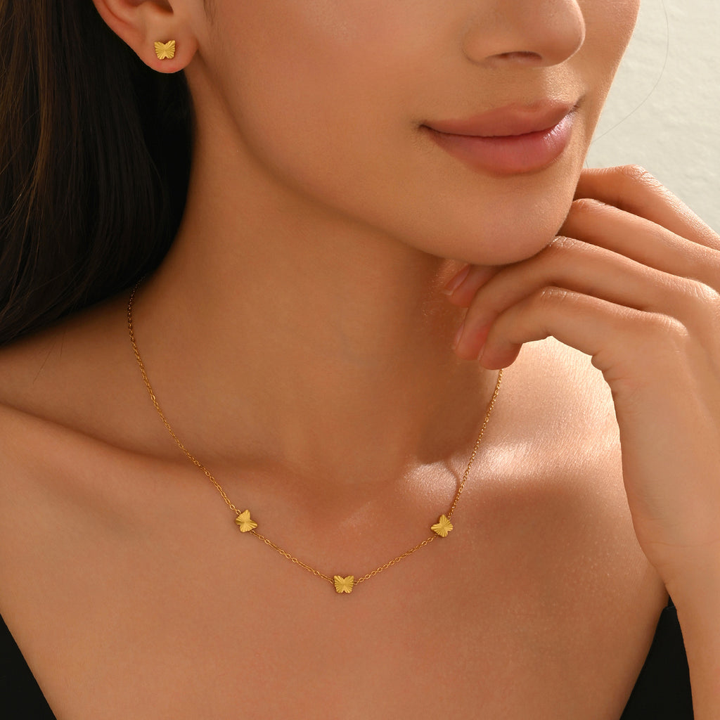 Lxalry Gold Heart Jewelry Set – Stainless Steel Cutout Necklace & Stud Earrings (Waterproof) - Glowify