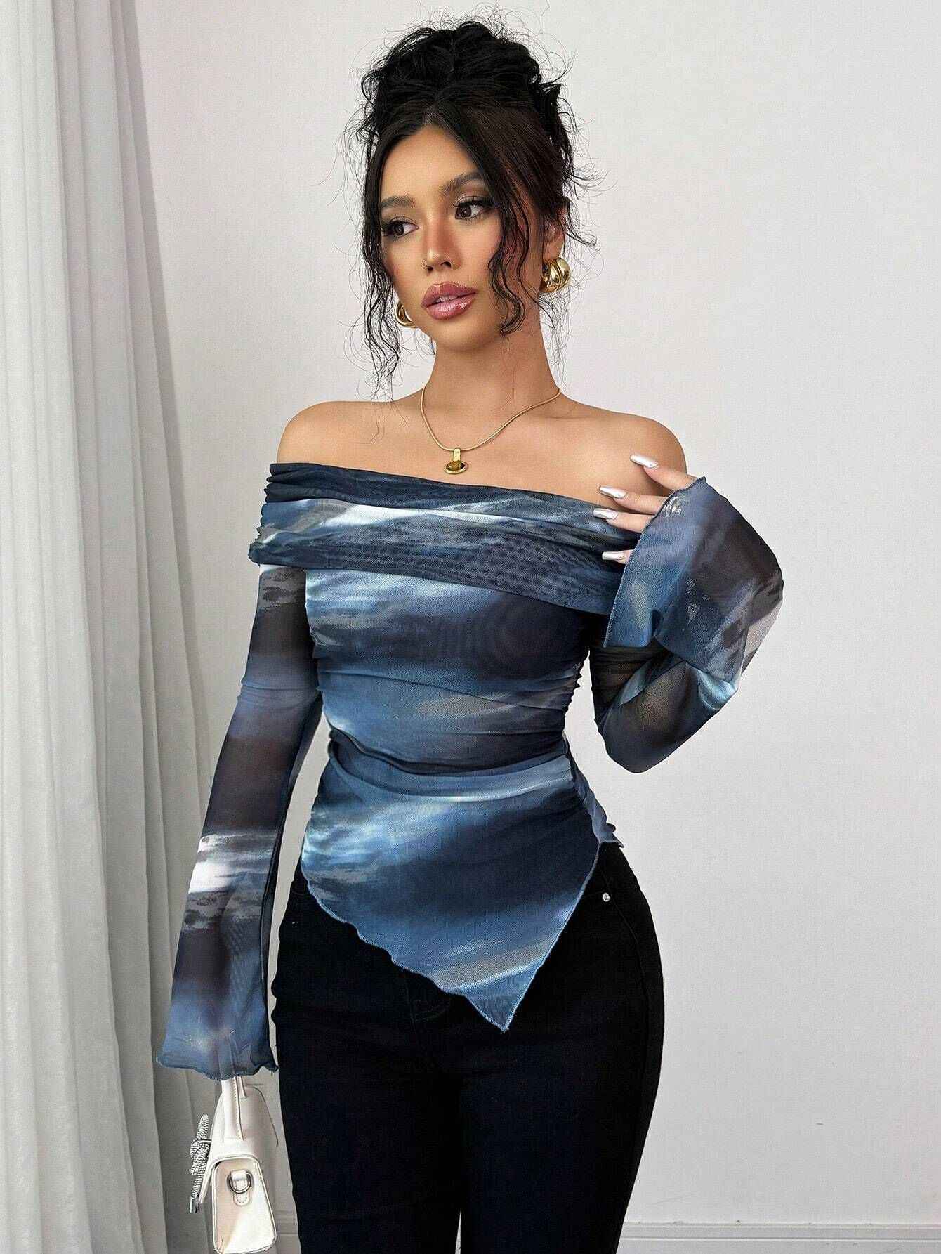 Knitted Mesh Off-Shoulder Long Sleeve Fitted T-Shirt – Geometric Print - Glowify