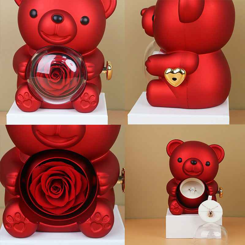Rotating Bear Rose Jewelry Box – Flower Ring & Necklace Storage for Romantic Gifts - Glowify
