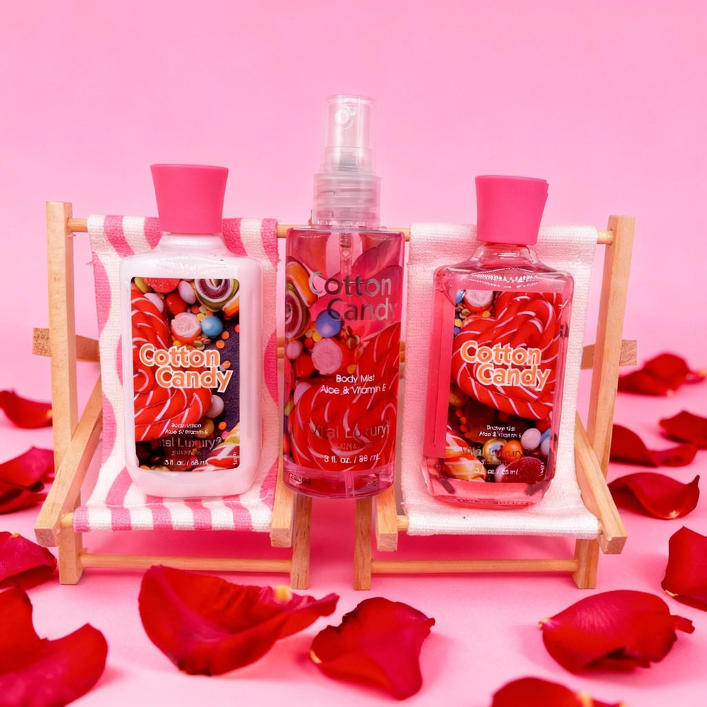 Cotton Candy 3-Piece Bath & Body Travel Spa Gift Set – Shower Gel, Body Lotion & Fragrance Mist - Glowify