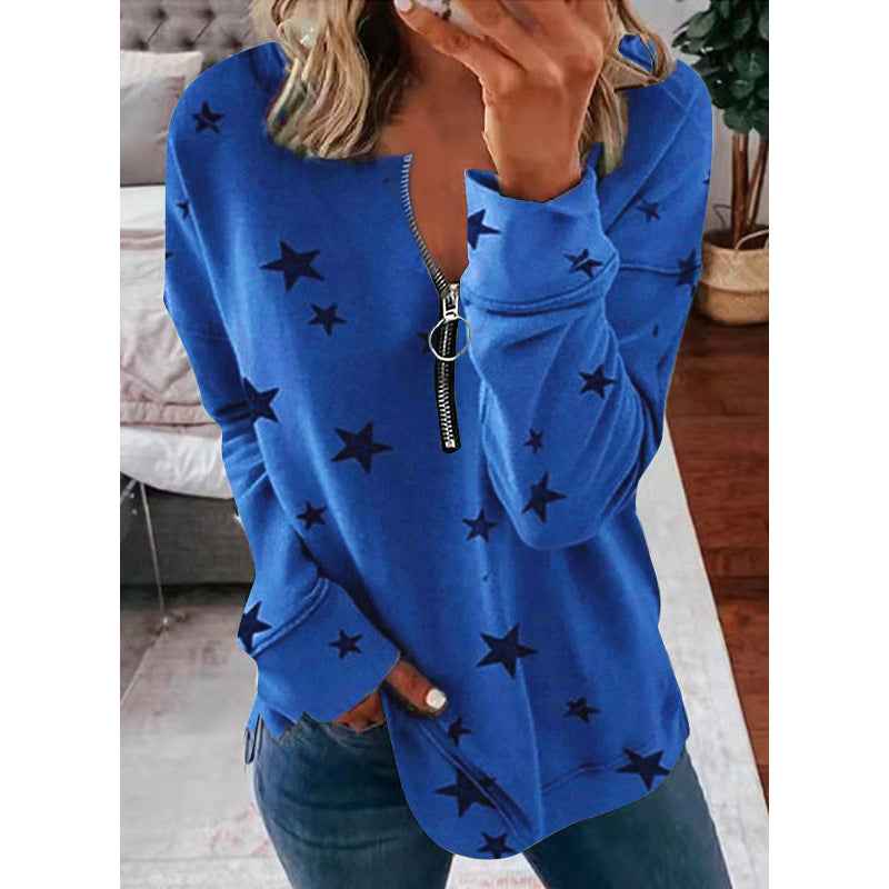Women’s Star Print Loose Pullover Sweatshirt – Long Sleeve Urban Casual Top - Glowify