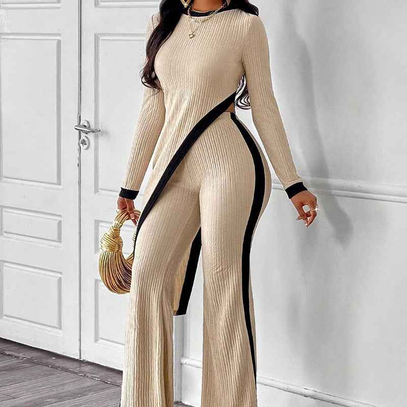 Women’s Sexy 2-Piece Outfit – Asymmetrical Long Sleeve Top & Wide Leg Pants Set - Glowify