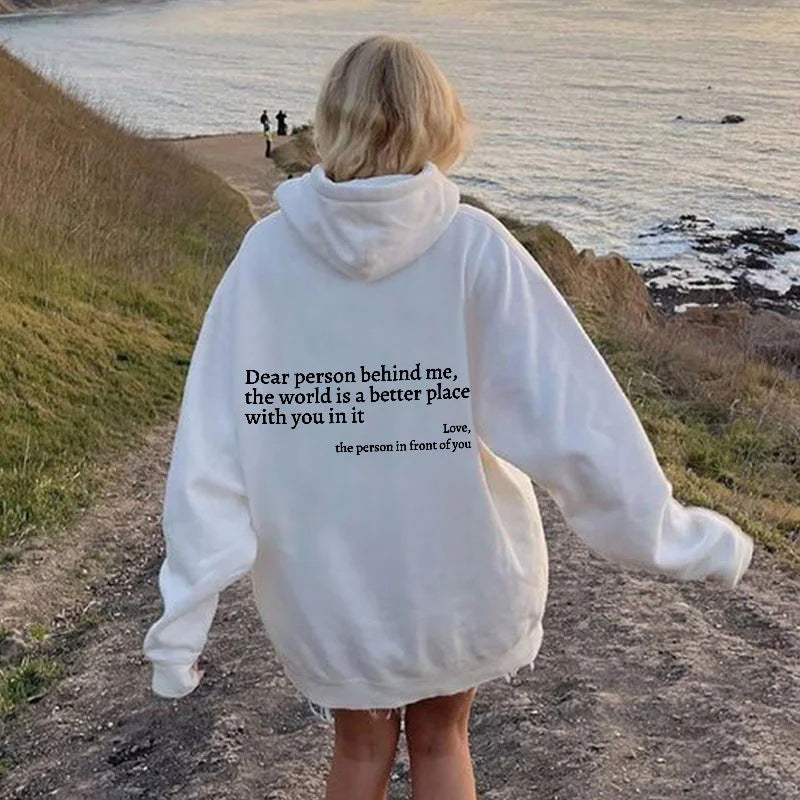 “Dear Person Behind Me” Inspirational Hoodie – Plush Letter Print Kangaroo Pocket Pullover (Unisex, S–5XL) - Glowify