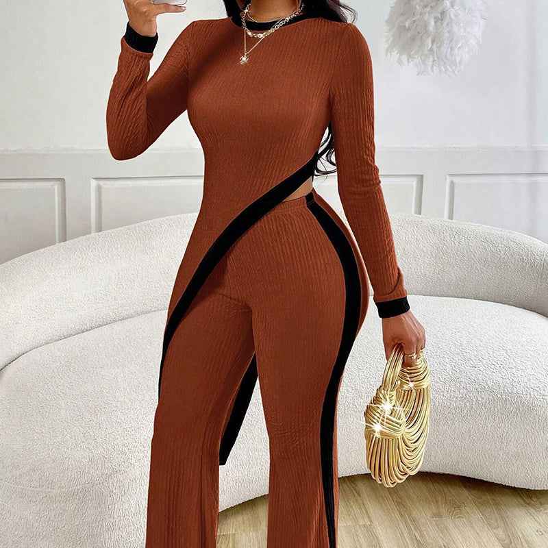 Women’s Sexy 2-Piece Outfit – Asymmetrical Long Sleeve Top & Wide Leg Pants Set - Glowify