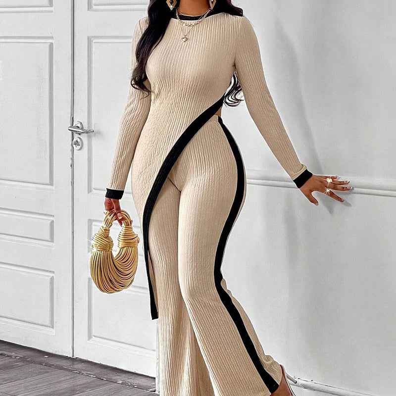 Women’s Sexy 2-Piece Outfit – Asymmetrical Long Sleeve Top & Wide Leg Pants Set - Glowify