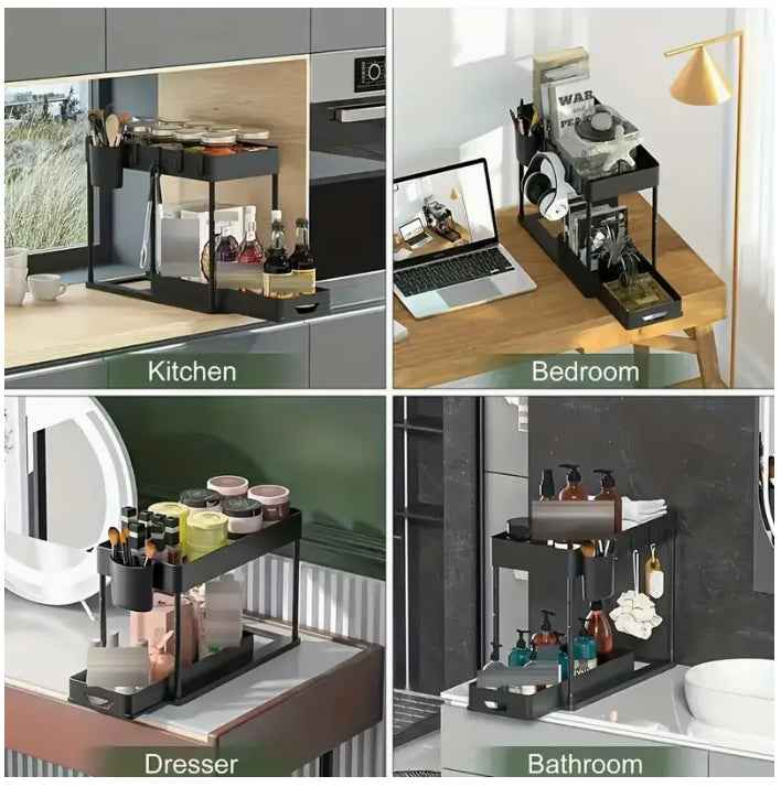 Double-Tier Sink Shelf Organizer – Pull-Out Under-Sink Storage Rack for Kitchen & Bathroom (1 Pack)