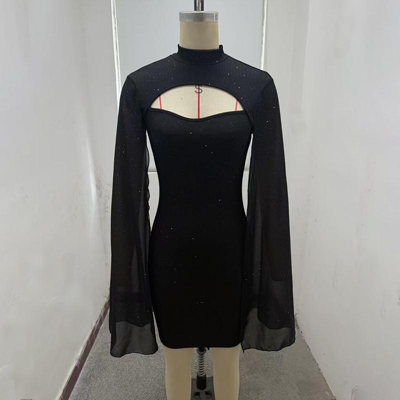 Women’s Sparkly Bodycon Mini Dress – Mock Neck Cloak Sleeve Cocktail & Party Dress - Glowify