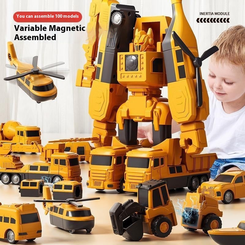 Magnetic Transforming Engineering Car Building Blocks Toy – STEM Construction Set with assembly models and a child playing.