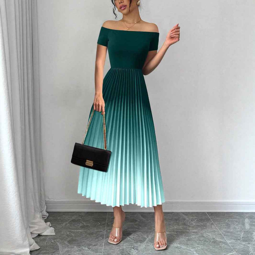 Elegant Off-Shoulder Pleated Gradient Bodycon Dress – Floor-Length Wrap-Style Maxi Dress for Women - Glowify