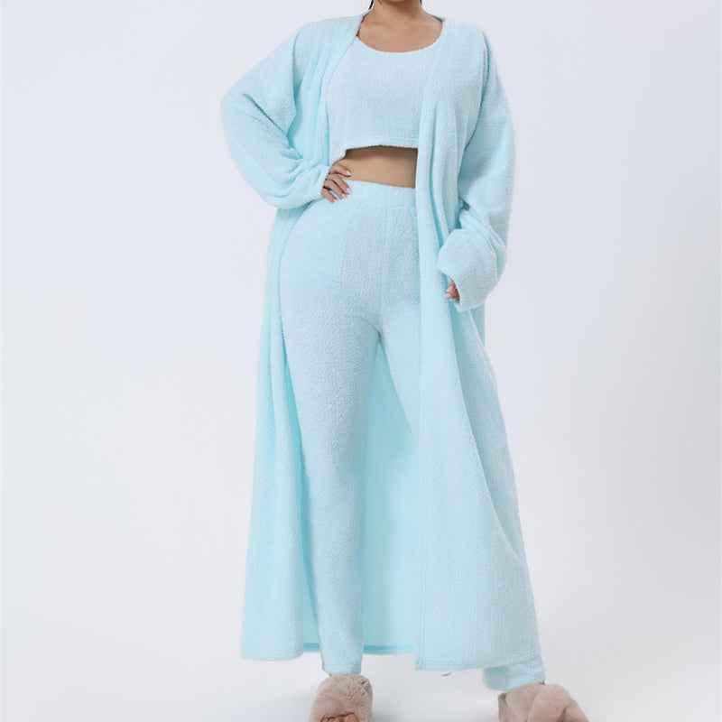 Cozy 3-Piece Pajama & Lounge Set for Women – Soft Knit Crop Top, Wide-Leg Pants & Cardigan (Winter Loungewear)